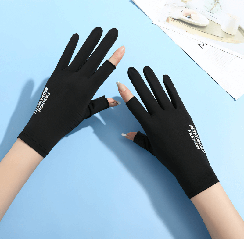 Black anti-UV thin gloves for riding and driving with open two fingers for women, featuring breathable material and anti-slip grip.